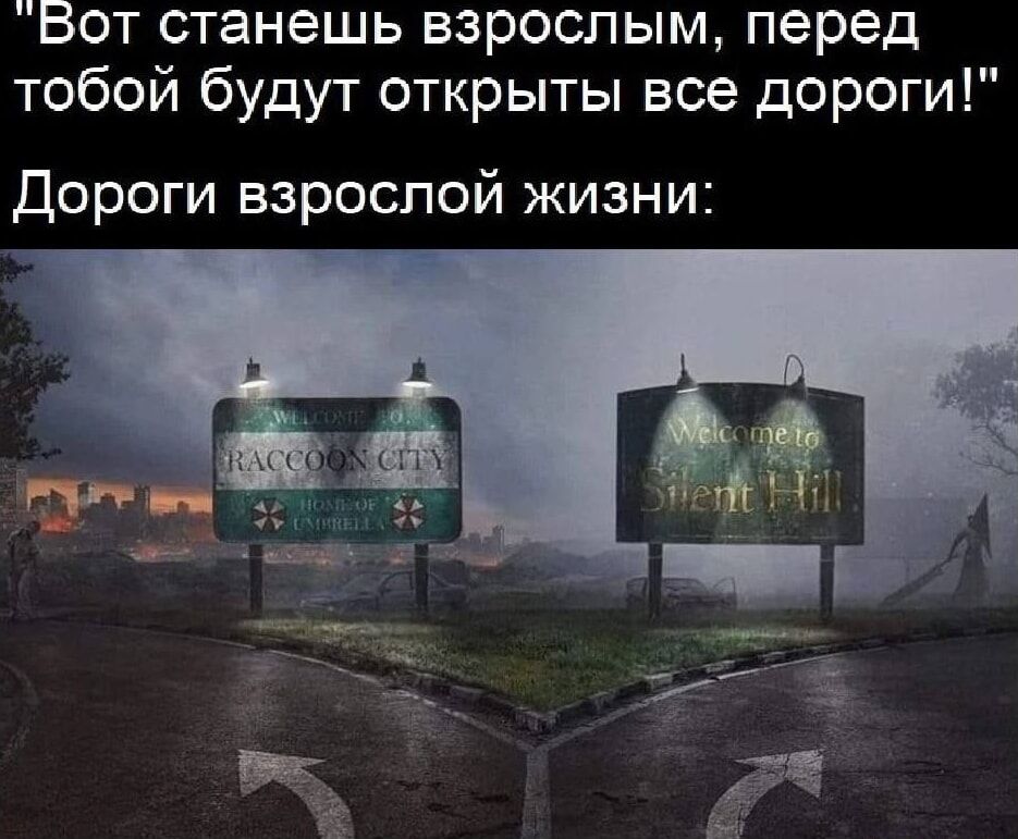 Вот станешь взрослым, перед тобой будут открыты все дороги!
Дороги взрослой жизни:

Raccoon City
Silent Hill