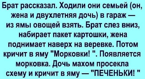 Брат рассказал. Ходили они семьей (он, жена и двухлетняя дочь) в гараж — из ямы овощей взять. Брат слез вниз, набирает пакет картошки, жена поднимает наверх на веревке. Потом кричит в яму 