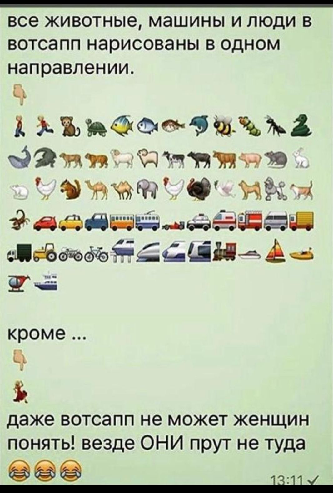 все животные, машины и люди в вотсапп нарисованы в одном направлении.
кроме ...
даже вотсапп не может женщин понять! везде ОНИ прут не туда
😂😂
