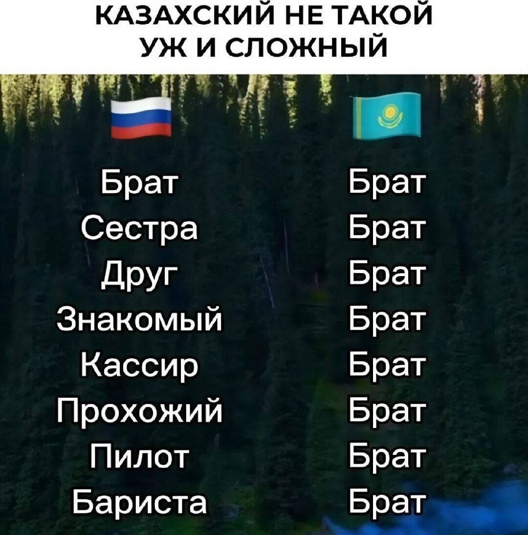 КАЗАХСКИЙ НЕ ТАКОЙ УЖ И СЛОЖНЫЙ
Брат
Сестра
Друг
Знакомый
Кассир
Прохожий
Пилот
Бариста

Брат
Брат
Брат
Брат
Брат
Брат
Брат
Брат