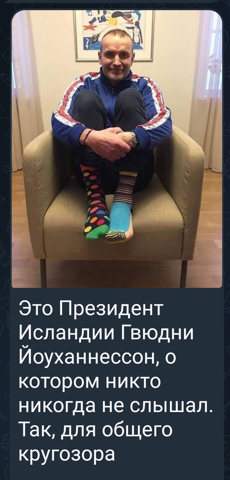 Это Президент Исландии Гвюдни Йоуханнессон о котором никто никогда не слышал Так для общего кругозора гт