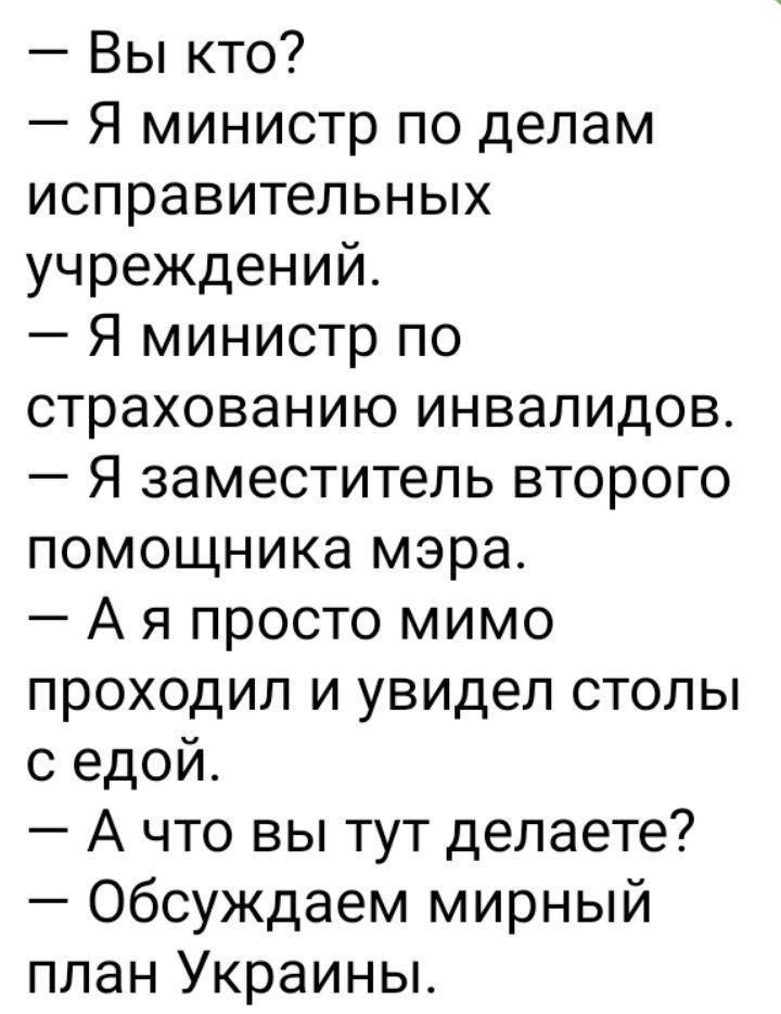 Вы кто Я министр по делам исправительных учреждений Я министр по страхованию инвалидов Я заместитель второго помощника мэра А я просто мимо проходил и увидел стопы с едой А что вы тут делаете Обсуждаем мирный план Украины