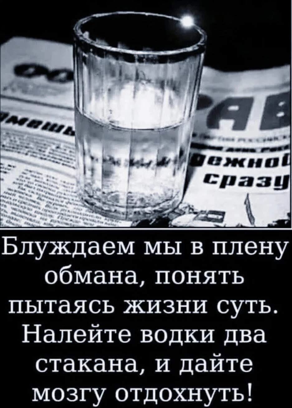 Блуждаем мы в плену обмана понять пытаясь жизни суть Налейте водки два стакана и дайте мозгу отдохнуть