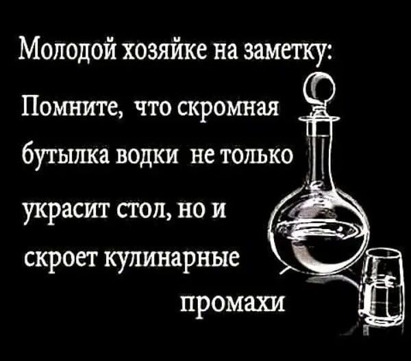 Молодой хозяйке на заметку: Помните, что скромная бутылка водки не только украсит стол, но и скроет кулинарные промахи.