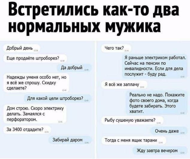 Встретились как-то два нормальных мужика

Добрый день

Ещё продаёте штроборез?  

Да добрый

Надежды умерла особо нет, но я всё же спрошу. Скидку сделаете?  

Для какой цели штроборез?  

Дом строю. Скоро электричество делать. Заминка с перфоратором.  

За 3400 отдадите?  

Забирай даром  

Чего так?  

Я раньше электриком работал. Сейчас на пенсии по инвалидности. Если для дела полезно - буду рад.  

Я всё заплачу  

Реально не надо. Покажите фото своего дома, когда будете забирать. Этого хватит.  

Рыбу сушеную уважаете?  

Очень даже  

Тогда с меня ящик таранки  

Жду завтра вечером