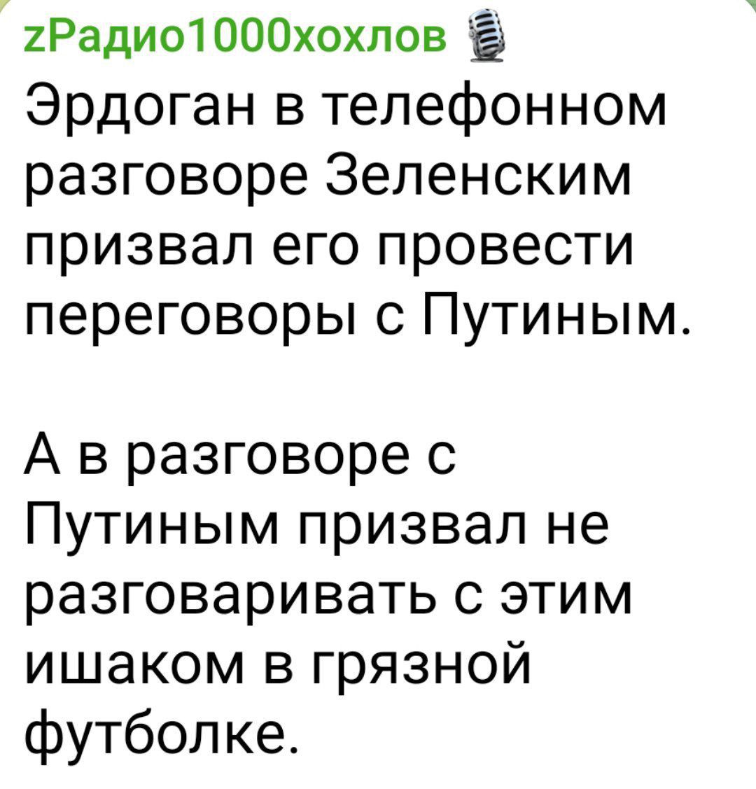 Эрдоган в телефонном разговоре Зеленским призвал его провести переговоры с Путиным.
А в разговоре с Путиным призвал не разговаривать с этим ишаком в грязной футболке.