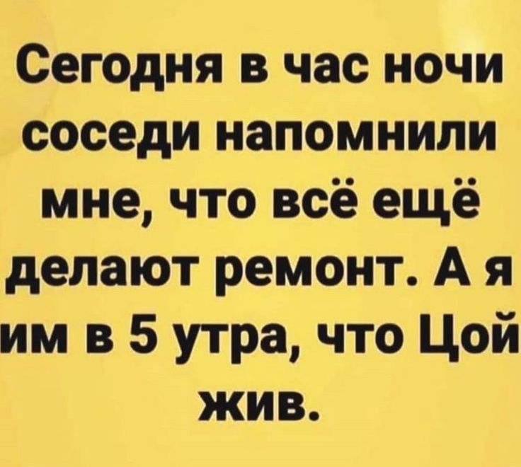 Сегодня в час ночи соседи напомнили мне, что всё ещё делают ремонт. А я им в 5 утра, что Цой жив.