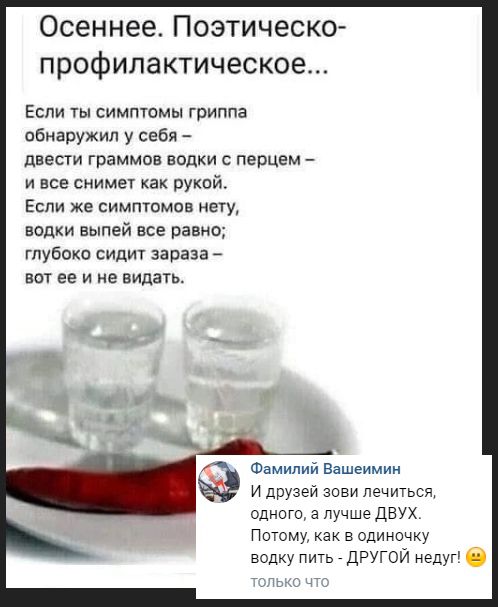 Осеннее. Поэтическо-профилактическое...

Если ты симптомы гриппа обнаружил у себя –
двести граммов водки с перцем –
и все снимет как рукой.
Если же симптомов нет,
водки выпей все равно;
глубоко сидит зараза –
вот ее и не видать.

И друзей зови лечиться, одного, а лучше ДВУХ. 
Потому, как в одиночку водку пить - ДРУГОЙ недуг! 🙂
