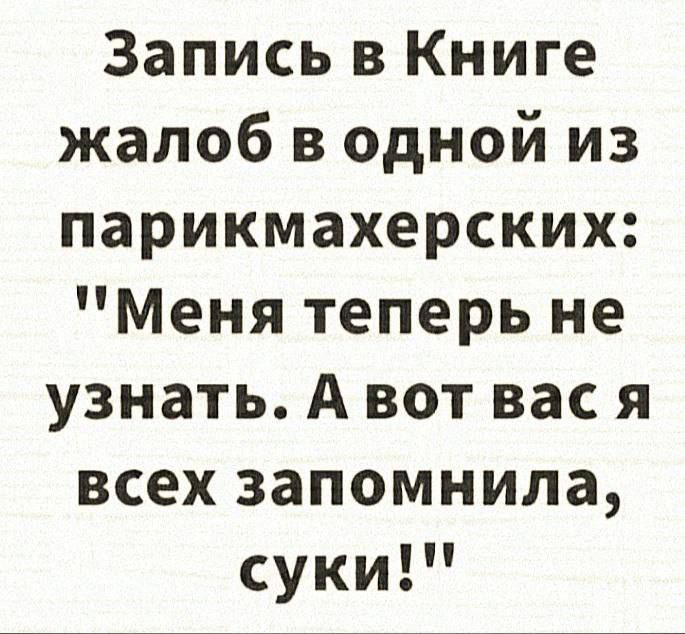 Запись в Книге жалоб в одной из парикмахерских: 'Меня теперь не узнать. А вот вас я всех запомнила, суки!'