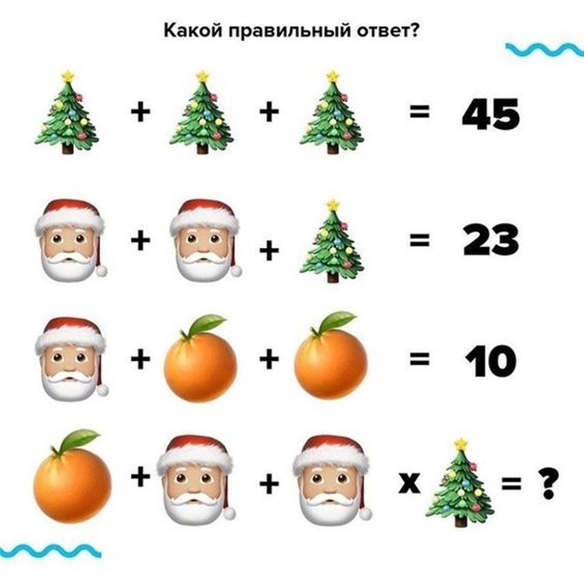 Какой правильный ответ?
🌲🌲🌲 + = 45
🎅🎅🌲 = 23
🎅🎅🍊 = 10
🍊🎅🎅×🌲 = ?