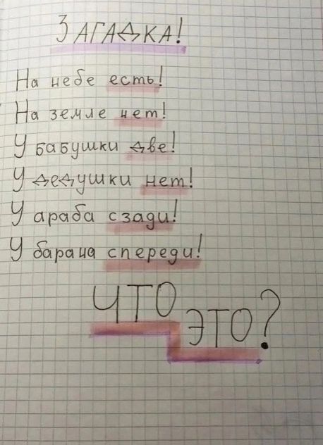 ЗАГАДКА! На небе есть! На земле нет! У бабушки две! У дедушки нет! У барана сзади! У барана спереди! ЧТО ЭТО?