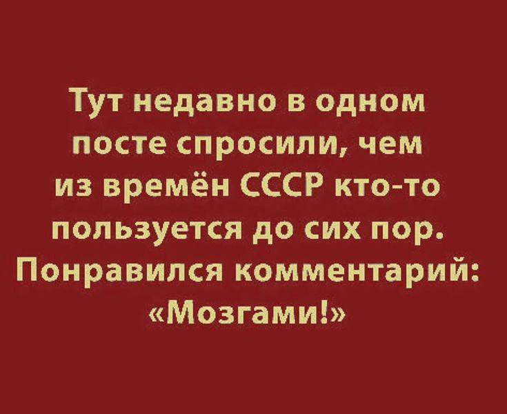 Тут недавно в одном посте спросили, чем из времен СССР кто-то пользуется до сих пор. Понравился комментарий: «Мозгами!»