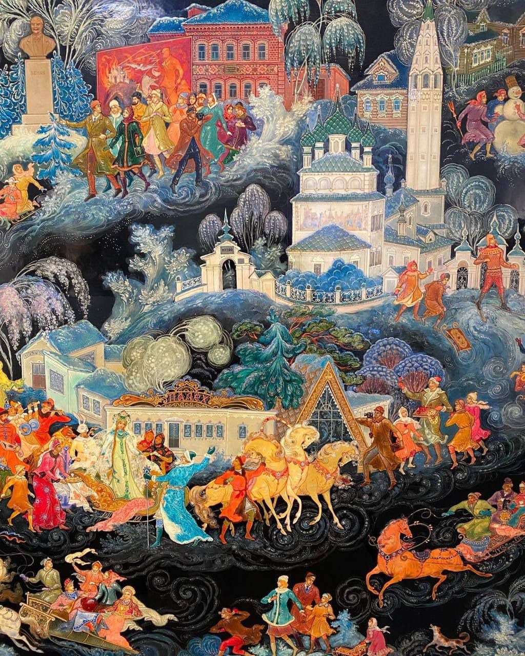 яркая многослойная сцена с людьми, лошадьми и архитектурой в ярких красках
