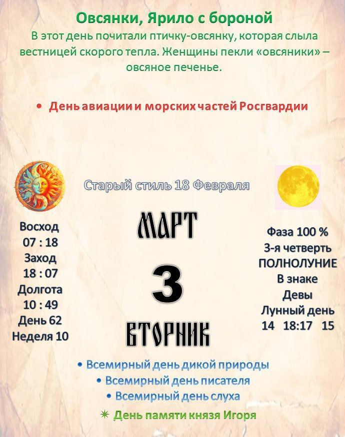 Овсянки, Ярило с бороной. В этот день почитали птичку-овсянку, которая слыла вестницей скорого тепла. Женщины пекли «овсяняк» — овсяное печенье. День авиации и морских частей Росгвардии. Старый стиль 18 февраля. Март 3 вторник. Всемирный день дикой природы, Всемирный день писателя, Всемирный день слуха, День памяти князя Игоря.