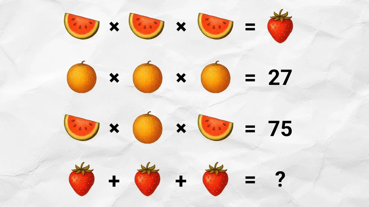 Арбуз × Арбуз × Арбуз = Клубника. Апельсин × Апельсин × Апельсин = 27. Арбуз × Апельсин × Арбуз = 75. Клубника + Клубника + Клубника = ?