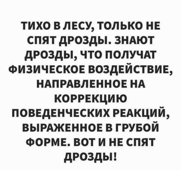 тихо влку только нг спят дрозды зндют дрозды что получдт ФИЗИЧЕСКОЕ воздвйствие НАПРАВЛЕННОЕ нд коррекцию повндвнческих рвдкций вырджвннов в грувой ФОРМЕ вот и не спят дроздьп