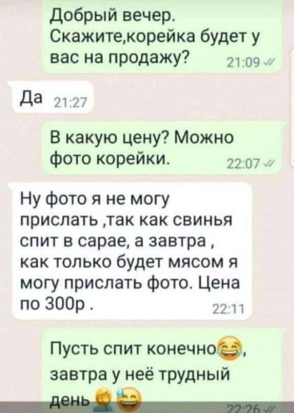 Добрый вечер Скажитекорейка будет у вас на продажу 21 09 В какую цену Можно Фото корейки 22 07 Ну фото я не могу прислать так как свинья спит в сарае а завтра как только будет мясом я могу прислать фото Цена ЗООР 22 п Пусть спит конечно завтра у неё трудный