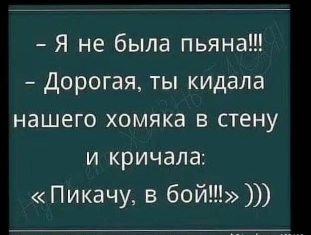 Я не была пьяна Дорогая ты кидала нашего хомяка в стену и кричала Пикачу в бой дочйвмюмю