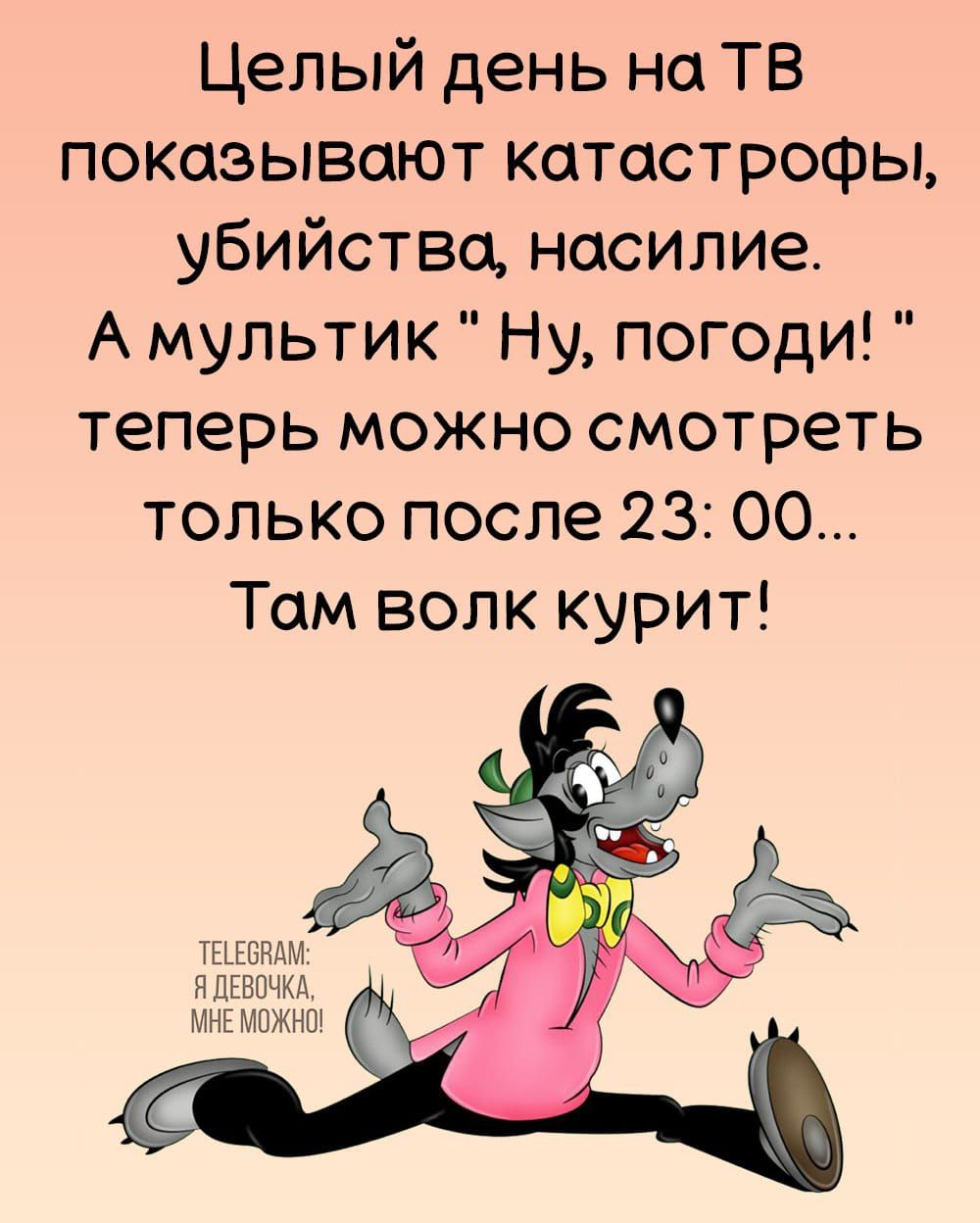 Целый день на ТВ показывают катастрофы убийства насилие А мультик Ну погоди теперь можно смотреть только после 2300 Там волк курит