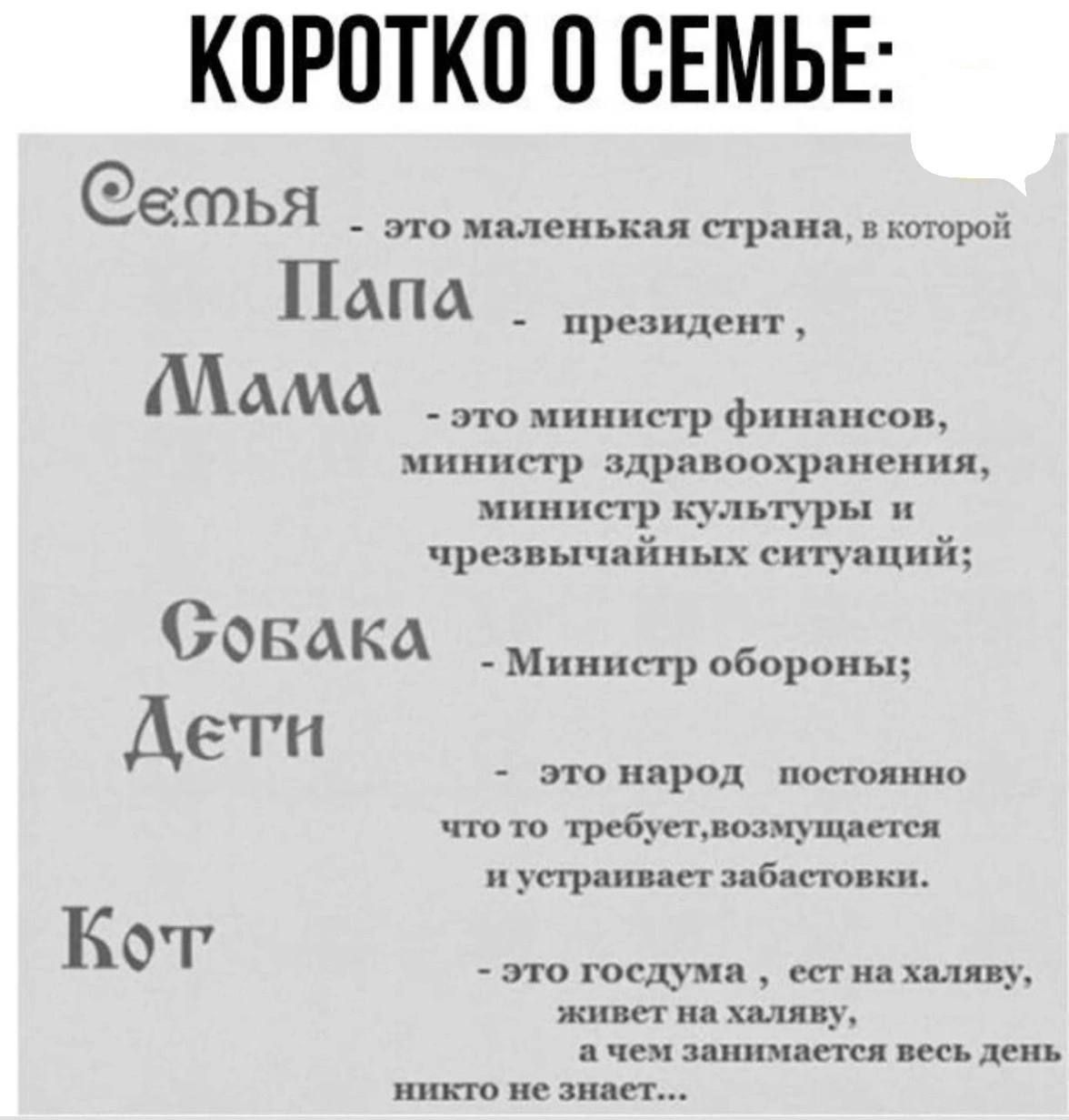 КОРОТКО 0 СЕМЬЕ ФЕрБЯ НЙ олто Папа ЛЛаМа оикинетр фиизксов министр здравоохранения министр культуры и чрезвыча й Совака Дети президент истр обороны это народ постоянно что то требуетвозмущается страивает забастовк К это госдума ест на халяву ст на халяву а чем занимастся весь день никто не знаст