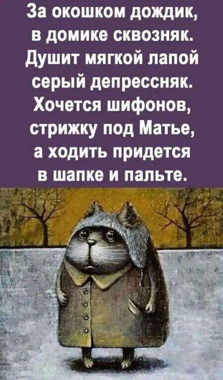 За окошком дождик в домике сквозняк Душит мягкой лапой серый депрессняк Хочется шифонов стрижку под Матье а ходить придется в шапке и пальто гаЭ