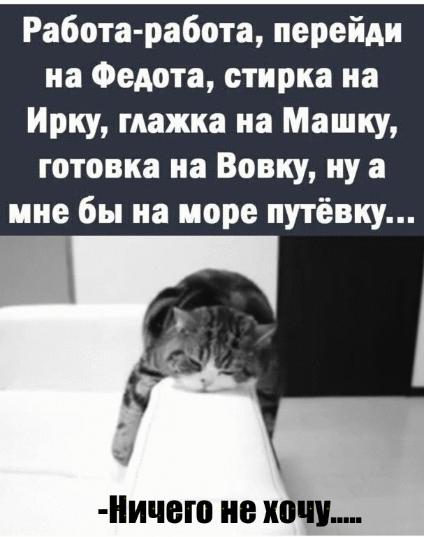 Работа работа перейди на Федота стирка на Ирку глажка на Мишку готовка иа Вовку ну а мне бы на море путёвку