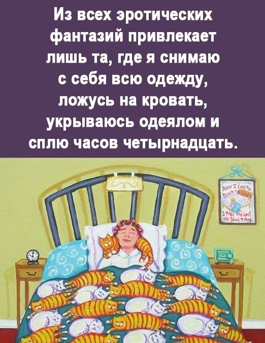 И всех эротических фантазий привлекает лишь та где я снимаю себя всю одежду ложусь на кровать укрываюсь одеялом и сплю часов четырнадцать