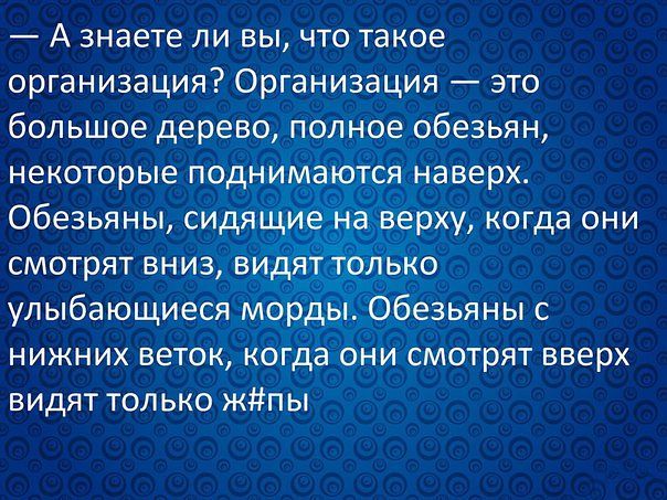 _ А Знаете ЛИ ВЫ ЧТО такое организация Организация это большое дерево ПОЛНРЕАобЕЗЬЯН некоторые поднимаются наверх Обезьяны сидяёёе Ьадіэёрщ когда они СМОТРЯТ ВНИЗ Идя _ТдЛЬКО улыбающиеся мррдвг НИЖНИХ БеТОК Коіда ОНИ СМОТрЯТ вверх ВИДЯТ ТОЛЬКО ЖЁПЫ