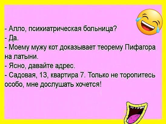 Аппо психиатрическая больницд Да Моему мужу кот доказывает теорему Пифагора на латыни Ясно давайте адрес Садовая 13 квартира 7 Только не торопитесь особо мне доспуштъ очется