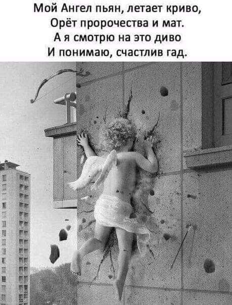 Мой Ангел пьян, летает криво,
Орёт пророчества и мат.
А я смотрю на это диво
И понимаю, счастлив гад.