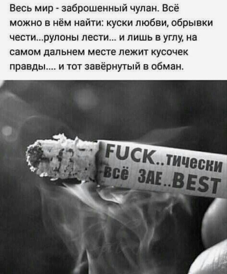 Весь мир - заброшенный чулан. Всё можно в нём найти: куски любви, обрывки чести, рулоны лести... и лишь в углу, на самом дальнем месте лежит кусочек правды.... и тот завернутый в обман.
FUCK..тически всё ЗАЕ..BEST