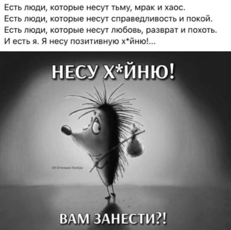 Есть люди, которые несут тьму, мрак и хаос. Есть люди, которые несут справедливость и покой. Есть люди, которые несут любовь, разврат и похоть. И есть я. Я несу позитивную х*йню!... 

НЕСУ Х*ЙНЮ! ВАМ ЗАНЕСТИ?!