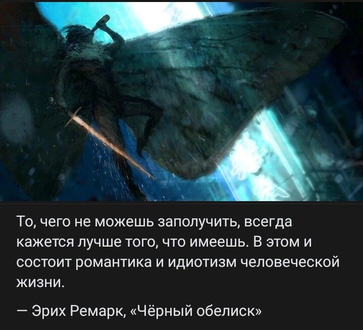 То, чего не можешь заполучить, всегда кажется лучше того, что имеешь. В этом и состоит романтика и идиотизм человеческой жизни. — Эрих Ремарк, «Чёрный обелиск»