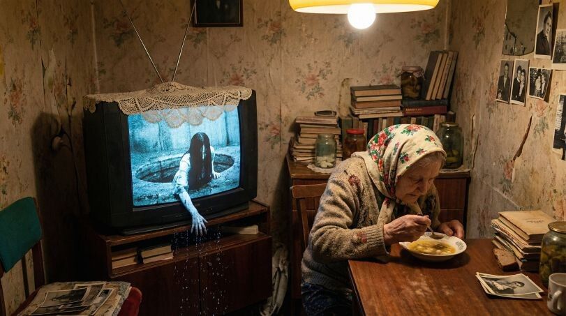 Старушка за столом в скромной комнате, перед телевизором со старой пишущей лампой.