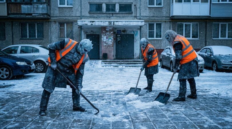 Люди в жилом доме в оранжевых жилетах убирают снег у входа