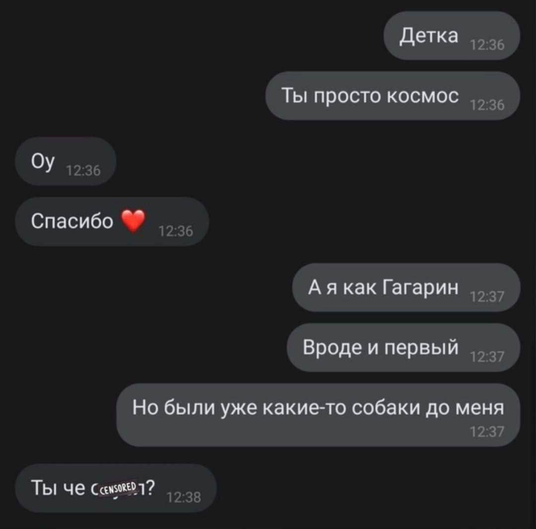 Детка
Ты просто космос
Оу
Спасибо ❤️
А я как Гагарин
Вроде и первый
Но были уже какие-то собаки до меня
Ты че