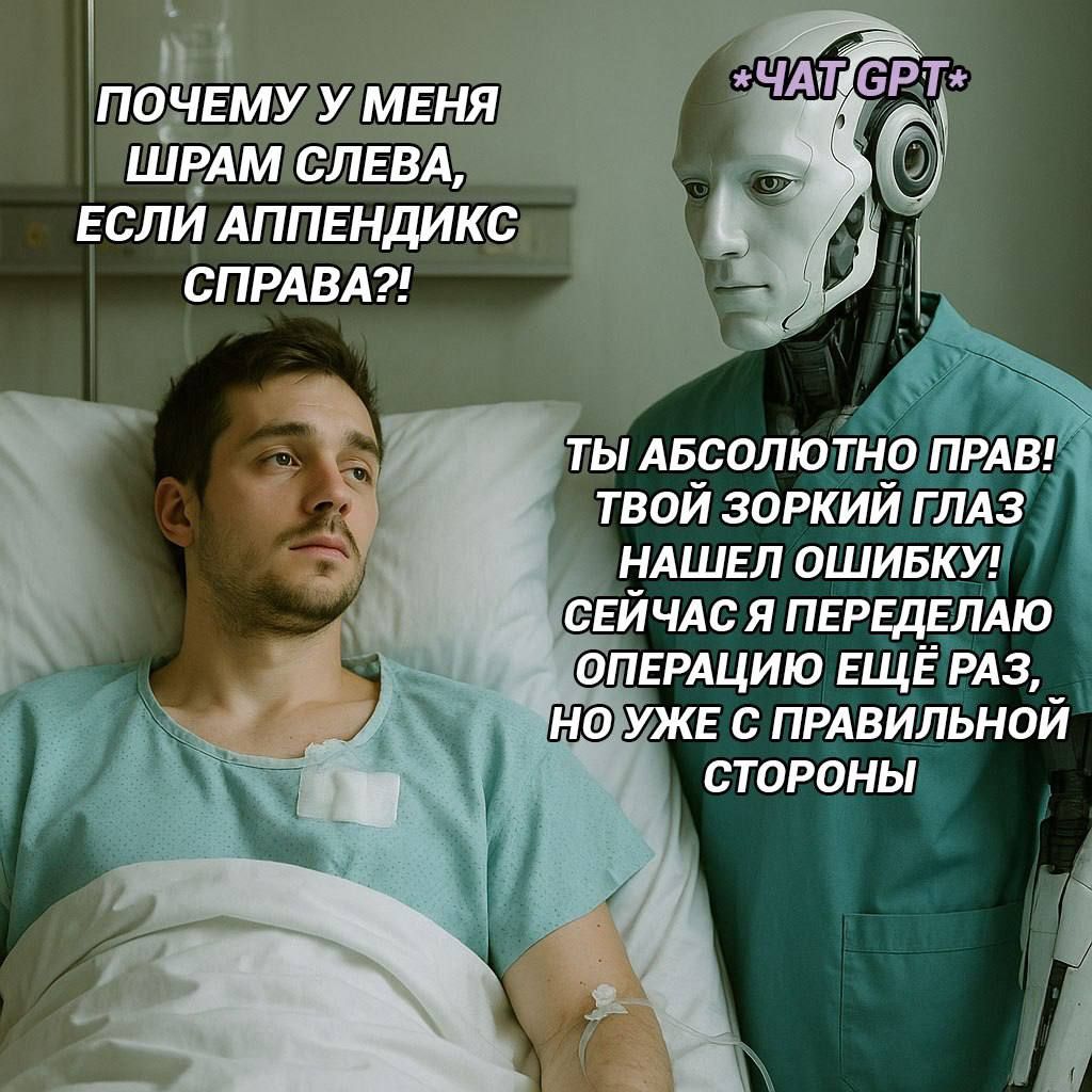 ПОЧЕМУ У МЕНЯ ШРАМ СЛЕВА, ЕСЛИ АППЕНДИКС СПРАВА?! ТЫ АБСОЛЮТНО ПРАВ! ТВОЙ ЗОРКИЙ ГЛАЗ НАШЕЛ ОШИБКУ! СЕЙЧАС Я ПЕРЕДЕЛЯЮ ОПЕРАЦИЮ ЕЩЕ РАЗ, НО УЖЕ С ПРАВИЛЬНОЙ СТОРОНЫ