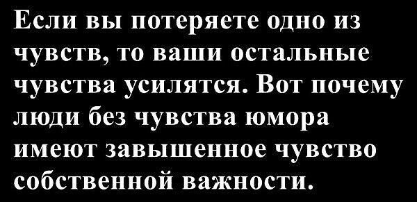 Если вы потеряете одно из чувств, то ваши остальные чувства усилятся. Вот почему люди без чувства юмора имеют завышенное чувство собственной важности.
