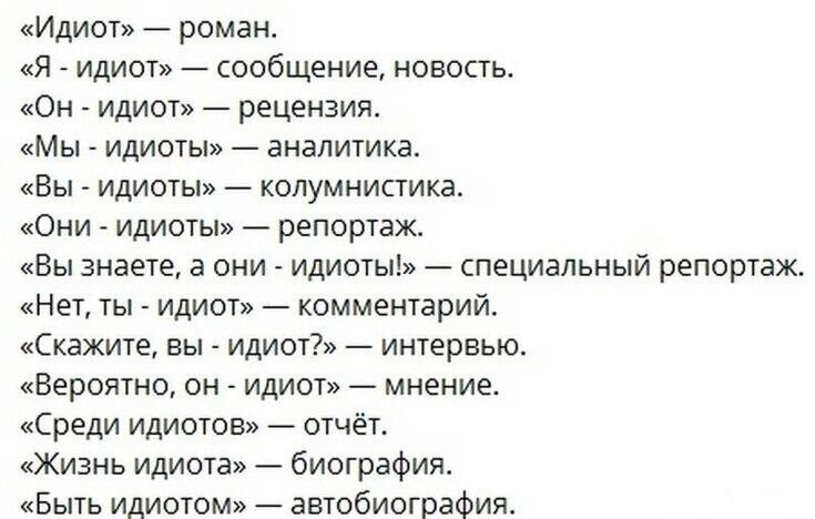 «Идиот» — роман. «Я - идиот» — сообщение, новость. «Он - идиот» — рецензия. «Мы - идиоты» — аналитика. «Вы - идиоты» — колумнистика. «Они - идиоты» — репортаж. «Вы знаете, а они - идиоты!» — специальный репортаж. «Нет, ты - идиот» — комментарий. «Скажите, вы - идиот?» — интервью. «Вероятно, он - идиот» — мнение. «Среди идиотов» — отчёт. «Жизнь идиота» — биография. «Быть идиотом» — автобиография.