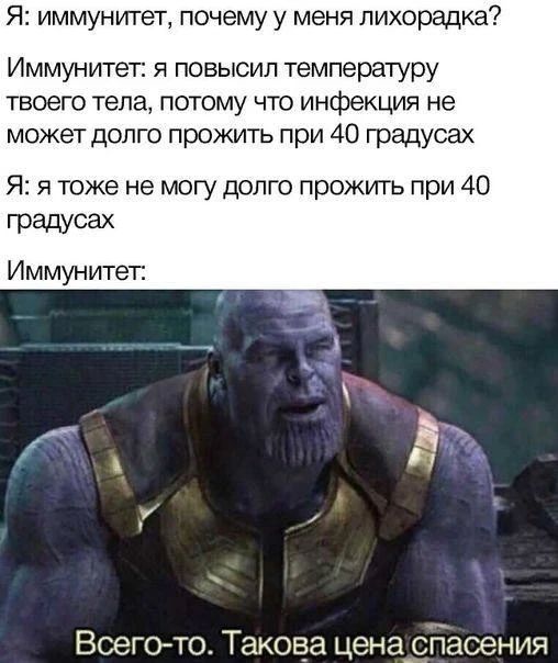 Я: иммунитет, почему у меня лихорадка? Иммунитет: я повысил температуру твоего тела, потому что инфекция не может долго прожить при 40 градусах. Я: я тоже не могу долго прожить при 40 градусах Иммунитет: Всего-то. Такова цена спасения