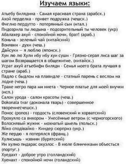 Изучаем языки: Аtъебъ билядина - Самая красивая страна (арабск.); Ахой переделка - привет подружка (чеш.); Филипо гедтурдо - потерянный сын (итал.); Пиздорила ты людьня - подозрительный ты человек (укр.); Абалаех ахуи - спокойной ночи, брат! (араб.); Коньча - зеленый чай (китайский); Воняки - духи (чеш.)