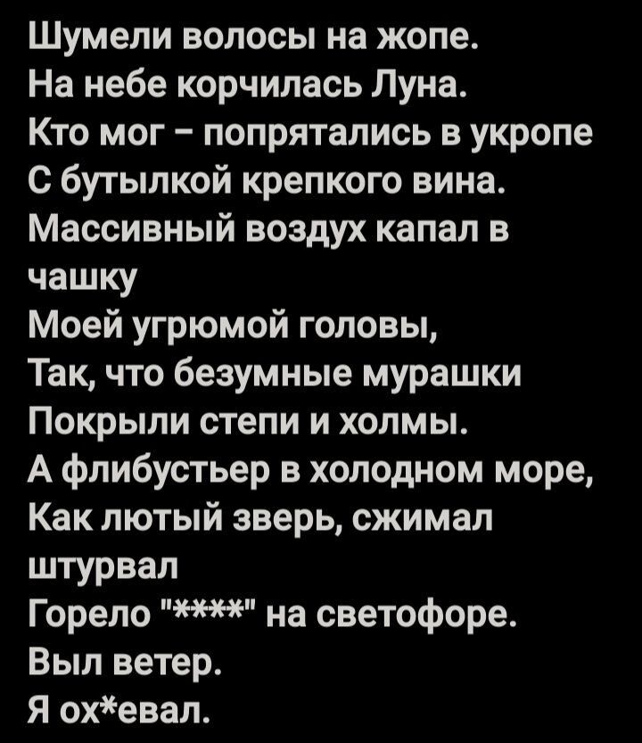 Шумели волосы на жопе. На небе корчилась Луна. Кто мог – попрятались в укропе С бутылкой крепкого вина. Массивный воздух капал в чашку Моей угрюмой головы, Так, что безумные мурашки Покрыли степи и холмы. А флибустьер в холодном море, Как лютый зверь, сжимал штурвал Горело *** на светофоре. Выл ветер. Я ох*евал.