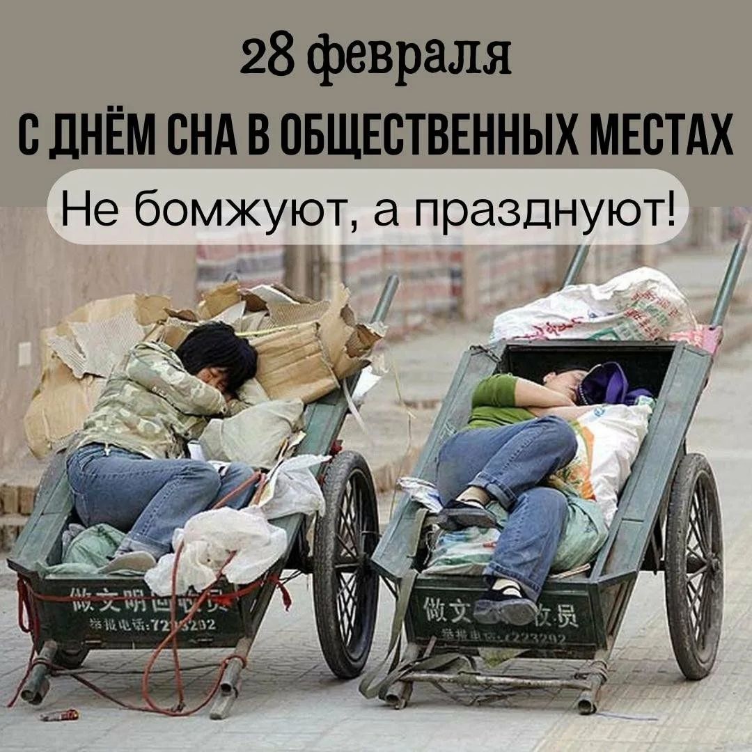 28 февраля
С ДНЁМ СНА В ОБЩЕСТВЕННЫХ МЕСТАХ
Не бомжуют, а празднуют!