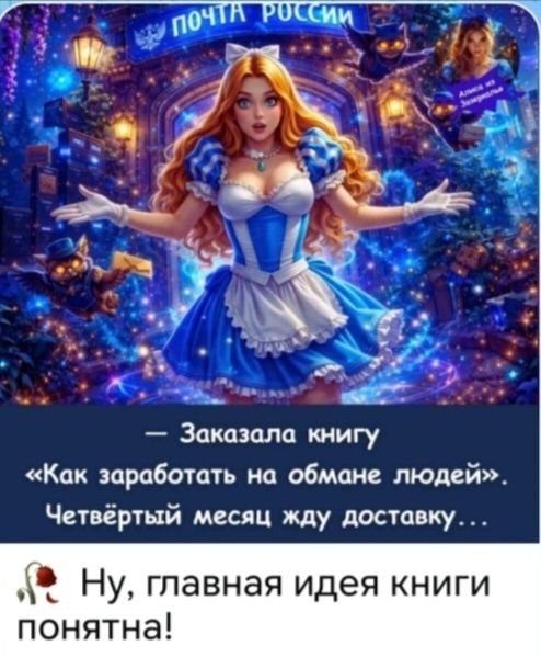 ПОЧТА РОССИИ Алиса из Зазеркалья — Заказала книгу «Как заработать на обмане людей». Четвёртый месяц жду доставку... Ну, главная идея книги понятна!