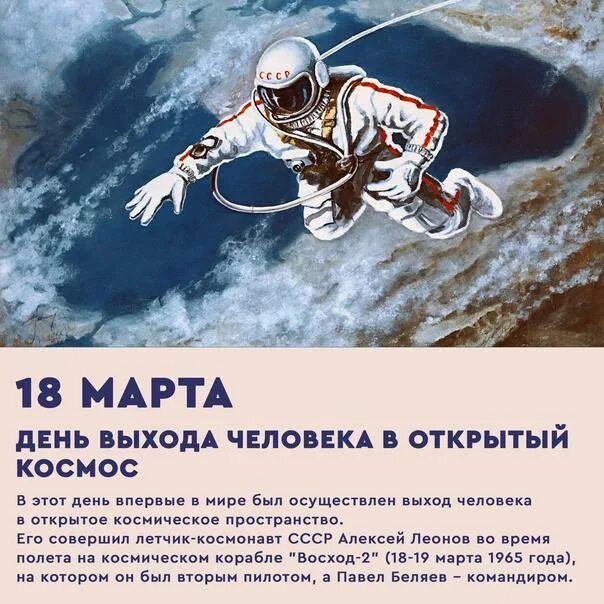 18 МАРТА ДЕНЬ ВЫХОДА ЧЕЛОВЕКА В ОТКРЫТЫЙ КОСМОС В этот день впервые в мире был осуществлен выход человека в открытое космическое пространство. Его совершил летчик-космонавт СССР Алексей Леонов во время полета на космическом корабле 