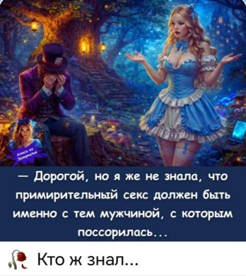 Алиса из Зазеркалья — Дорогой, но я же не знала, что примирительный секс должен быть именно с тем мужчиной, с которым поссорилась... Кто ж знал...