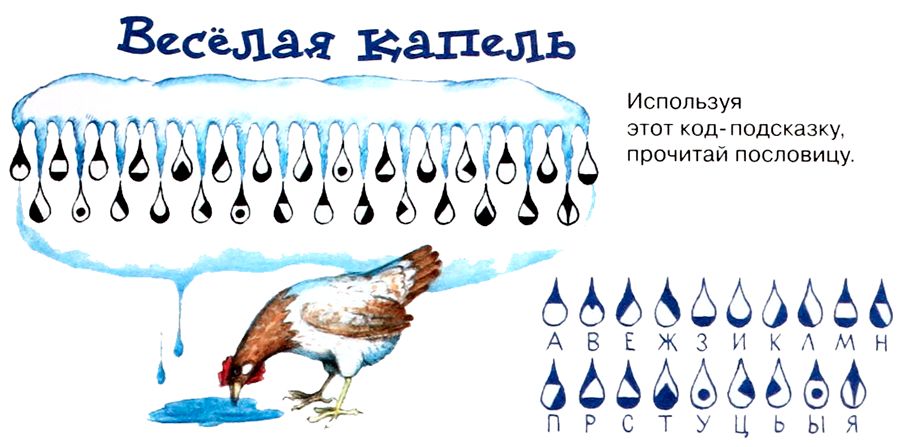 Весёлая Капель. Используя этот код-подсказку, прочитай пословицу. КАПЛС КАПЛС ТАЦИТ ПАКУТАЦИТ
