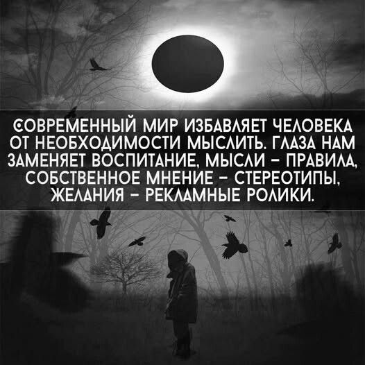 СОВРЕМЕННЫЙ МИР ИЗБАВЛЯЕТ ЧЕЛОВЕКА ОТ НЕОБХОДИМОСТИ МЫСЛИТЬ. ГЛАЗА НАМ ЗАМЕНЯЕТ ВОСПИТАНИЕ, МЫСЛИ – ПРАВИЛА, СОБСТВЕННОЕ МНЕНИЕ – СТЕРЕОТИПЫ, ЖЕЛАНИЯ – РЕКЛАМНЫЕ РОЛИКИ.