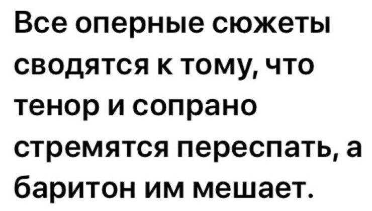 Все оперные сюжеты сводятся к тому, что тенор и сопрано стремятся переспать, а баритон им мешает.