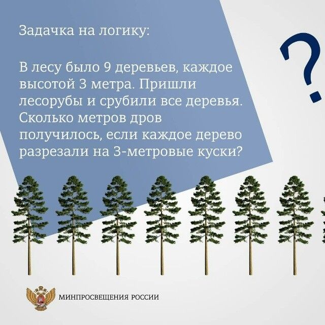 Задачка на логику: В лесу было 9 деревьев, каждое высотой 3 метра. Пришли лесорубы и срубили все деревья. Сколько метров дров получилось, если каждое дерево разрезали на 3-метровые куски? МИНПРОСВЕЩЕНИЯ РОССИИ